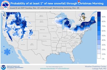 Mapa del NWS con el pronóstico del tiempo y las zonas donde se prevé caída de nieve en Navidad.