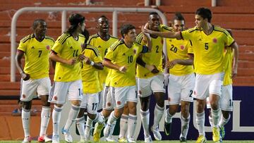 Jugadores de la Selecci&oacute;n Colombia celebrando un gol en el Sudamericano Sub 20 Argentina 2013