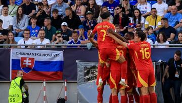Bratislava (Slovakia), 11/06/2025.- Players of Spain celebrate scoring the 0-1 goal during the UEFA Under-21 Championship group stage match between Slovakia and Spain in Bratislava, Slovakia, 11 June 2025. (Eslovaquia, España) EFE/EPA/MARTIN DIVISEK