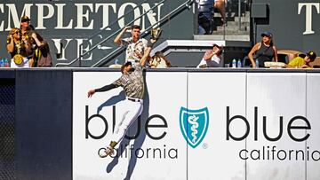 SAN DIEGO, CALIFORNIA - SEPTEMBER 24: Fernando Tatis Jr. #23 of the San Diego Padres makes a leaping catch over the wall on a fly ball hit by Mike Siani #63 of the St. Louis Cardinals during the fifth inning at PETCO Park on September 24, 2023 in San Diego, California. Orlando Ramirez/Getty Images/AFP (Photo by Orlando Ramirez / GETTY IMAGES NORTH AMERICA / Getty Images via AFP)