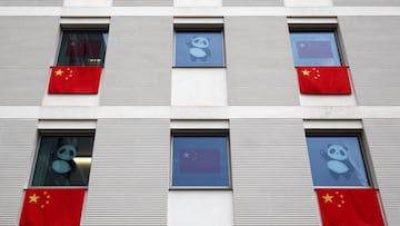 Milano Cortina 2026 Winter Olympics - Press Visit at the Olympic and Paralympic Athletes' Village - Milan, Italy - February 3, 2026 General view as flags of China and images of pandas are seen on the windows outside the Olympic and Paralympic Athletes' Village REUTERS/Yara Nardi
