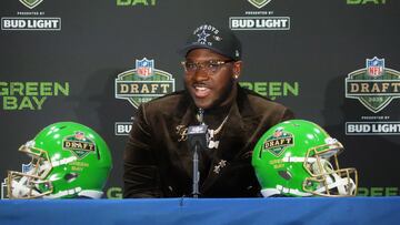 Apr 24, 2025; Green Bay, WI, USA; Tyler Booker speaks in a press conference after being selected by the Dallas Cowboys as the number 12 pick in the first round of the 2025 NFL Draft at Lambeau Field. Mandatory Credit: Kirby Lee-Imagn Images