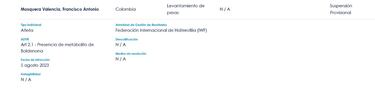 Francisco Mosquera, suspendido al dar positivo por Boldenona