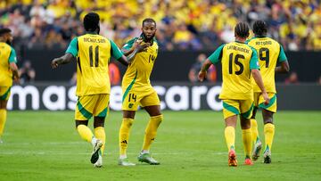 Jun 26, 2024; Las Vegas, NV, USA;  Jamaica celebrates after scoring a goal against Ecuador during the second half of a Copa America match at Allegiant Stadium. Mandatory Credit: Lucas Peltier-USA TODAY Sports