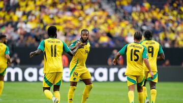 Jun 26, 2024; Las Vegas, NV, USA; Jamaica celebrates after scoring a goal against Ecuador during the second half of a Copa America match at Allegiant Stadium. Mandatory Credit: Lucas Peltier-USA TODAY Sports