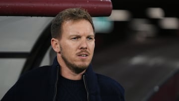 Germany's head coach Julian Nagelsmann reacts from the sidelines during the UEFA Nations League Group A3 football match Hungary vs Germany at the Puskas Arena in Budapest, Hungary, on November 19, 2024. (Photo by Ferenc ISZA / AFP)