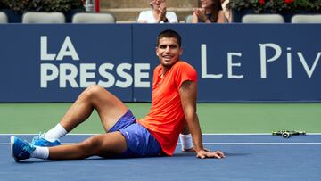 Montreal (Canada), 10/08/2022.- Carlos Alcaraz of Spain reacts against Tommy Paul of the US during the men's ATP National Bank Open tennis tournament in Montreal, Canada, 10 August 2022. (Tenis, Abierto, España) EFE/EPA/ANDRE PICHETTE
