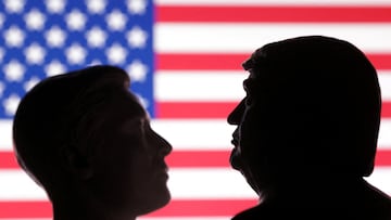 FILE PHOTO: U.S. flag, 3D printed miniatures of U.S. President Donald Trump and Elon Musk are seen in this illustration taken July 1, 2025. REUTERS/Dado Ruvic/Illustration/File Photo