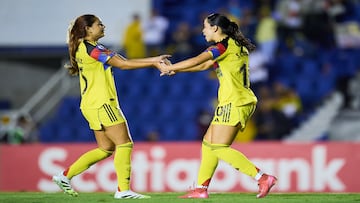   Scarlett Camberos celebrates her goal 1-0 with Jana Gutierrez of Pachuca during the Group Stage A match between America and Pachuca as part of the Concacaf W Champions Cup 2025-2026 at Ciudad de los Deportes Stadium on September 18, 2025 in Mexico City, Mexico