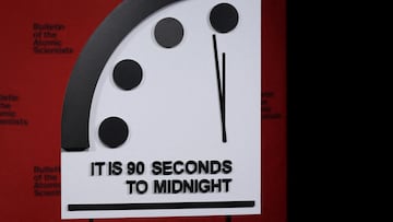 The clock with the Bulletin of the Atomic Scientists is placed ahead of the announcement of the location of the minute hand on its Doomsday Clock, indicating what world developments mean for the perceived likelihood of nuclear catastrophe, at the National Press Club in Washington, U.S., January 24, 2023. REUTERS/Leah Millis