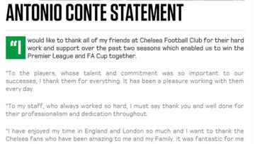La sincera carta de Antonio Conte en su despedida del Chelsea