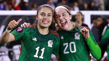 Lizbeth Ovalle and Mayra Pelayo of Mexico during the Group stage, Group A match between United States (USA) and Mexico (Mexico National team) as part of the Concacaf Womens Gold Cup 2024, at Dignity Health Sports Park Stadium on February 26, 2024 in Carson California, United States.