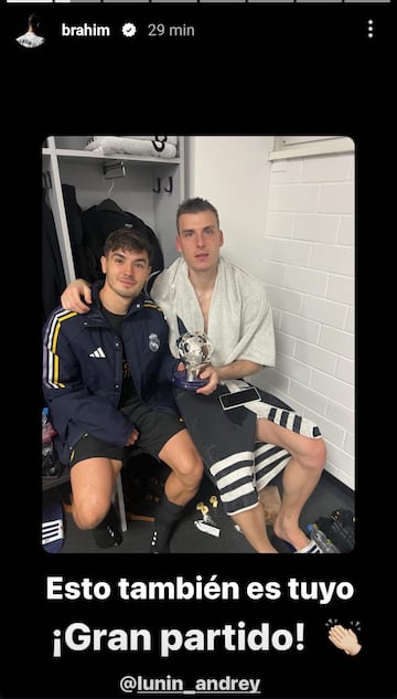 Brahim quiso 'compartir' el MVP del partido con Lunin en sus redes sociales. 