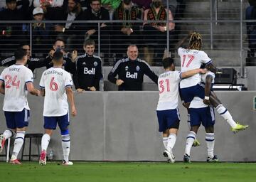 Nov 2, 2021; Los Angeles, California, USA; Vancouver Whitecaps celebrate after a goal in the first half at Banc of California Stadium. Mandatory Credit: Jayne Kamin-Oncea-USA TODAY Sports