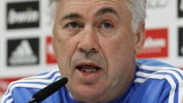 El entrenador del Real Madrid Carlo Ancelotti, durante la rueda de prensa de cara al partido de Liga frente al Valladolid.