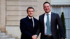 French President Emmanuel Macron welcomes Ireland's Taoiseach Leo Varadkar as he arrives to attend a conference in support of Ukraine with European leaders and government representatives at the Elysee Palace in Paris, France, February 26, 2024. REUTERS/Gonzalo Fuentes