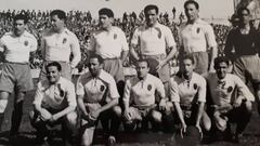 Un Zaragoza de la temporada 1946-47. De izquierda a derecha: V&iacute;ctor, Paquito, Navarrete, Mariano, Bernab&eacute; y Calvo. Agachados: Aldana, Matamala, Ar&aacute;iz, Solanas y Castillo.