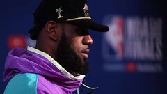 CLEVELAND, OH - JUNE 06: LeBron James #23 of the Cleveland Cavaliers speaks to the media after being defeated by the Golden State Warriors during Game Three of the 2018 NBA Finals at Quicken Loans Arena on June 6, 2018 in Cleveland, Ohio. The Warriors defeated the Cavaliers 110-102. NOTE TO USER: User expressly acknowledges and agrees that, by downloading and or using this photograph, User is consenting to the terms and conditions of the Getty Images License Agreement.   Jason Miller/Getty Images/AFP
 == FOR NEWSPAPERS, INTERNET, TELCOS &amp; TELEVISION USE ONLY ==