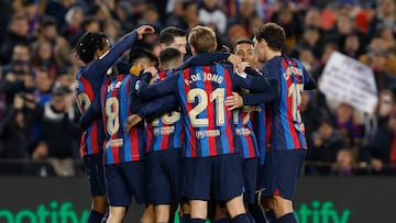 Soccer Football - LaLiga - FC Barcelona v Sevilla - Camp Nou, Barcelona, Spain - February 5, 2023 FC Barcelona's Gavi celebrates scoring their second goal with teammates REUTERS/Albert Gea