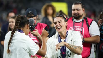 SAN DIEGO, CALIFORNIA - NOVEMBER 11: Margaret Purce #23 and Ali Krieger #11 of NJ/NY Gotham FC celebrate after defeating against the OL Reign in the 2023 NWSL Championship game at Snapdragon Stadium on November 11, 2023 in San Diego, California.   Meg Oliphant/Getty Images/AFP (Photo by Meg Oliphant / GETTY IMAGES NORTH AMERICA / Getty Images via AFP)