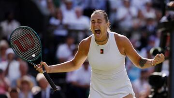Aryna Sabalenka celebra su victoria ante Laura Siegemund en Wimbledon.