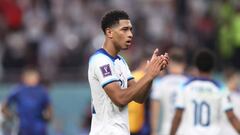 DOHA, QATAR - NOVEMBER 21: Jude Bellingham of England acknowledges the fans following the FIFA World Cup Qatar 2022 Group B match between England and IR Iran at Khalifa International Stadium on November 21, 2022 in Doha, Qatar. (Photo by Alex Pantling - The FA/The FA via Getty Images)