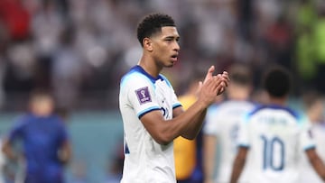 DOHA, QATAR - NOVEMBER 21: Jude Bellingham of England acknowledges the fans following the FIFA World Cup Qatar 2022 Group B match between England and IR Iran at Khalifa International Stadium on November 21, 2022 in Doha, Qatar. (Photo by Alex Pantling - The FA/The FA via Getty Images)