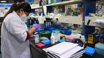 In this photograph taken on October 7, 2020, a researcher works at a laboratory of the CSIR-Institute of Genomics and Integrative Biology (IGIB), where a paper-based test for the Covid-19 coronavirus that could give results similar to the speed of pregnan