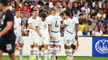 Jun 10, 2025; Nashville, Tennessee, USA;  Switzerland forward Breel Embolo (7) celebrates his goal with his teammates against the United States during the first at Geodis Park. Mandatory Credit: Steve Roberts-Imagn Images