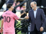 Dec 6, 2025; Fort Lauderdale, Florida, USA; Inter Miami forward Lionel Messi (10) shakes hands with MLS commissioner Don Garber after winning the 2025 MLS Cup against the Vancouver Whitecaps FC at Chase Stadium. Mandatory Credit: Nathan Ray Seebeck-Imagn Images