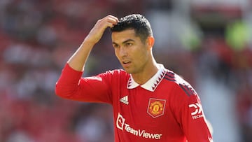 MANCHESTER, ENGLAND - JULY 31: Cristiano Ronaldo of Manchester United during the pre-season friendly between Manchester United and Rayo Vallecano at Old Trafford on July 31, 2022 in Manchester, England. (Photo by Matthew Ashton - AMA/Getty Images)