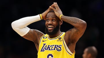 BOSTON, MASSACHUSETTS - JANUARY 28: LeBron James #6 of the Los Angeles Lakers reacts during the fourth quarter against the Boston Celtics at TD Garden on January 28, 2023 in Boston, Massachusetts. The Celtics defeat the Lakers in overtime 125-121. Maddie Meyer/Getty Images/AFP (Photo by Maddie Meyer / GETTY IMAGES NORTH AMERICA / Getty Images via AFP)