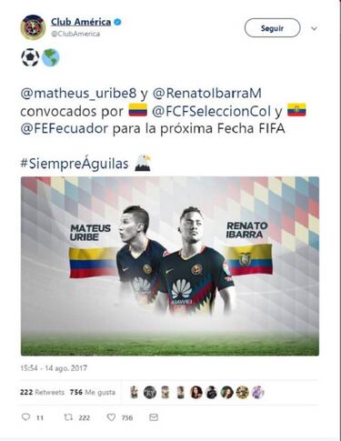 América anuncia convocatoria de Mateus Uribe a Selección