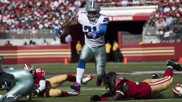 October 22, 2017; Santa Clara, CA, USA; Dallas Cowboys running back Ezekiel Elliott (21) runs with the football against the San Francisco 49ers during the second quarter at Levi's Stadium. Mandatory Credit: Kyle Terada-USA TODAY Sports