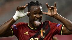Belgium&#039;s forward Michy Batshuayi celebrates after scoring a goal during the UEFA Nations League football match between Netherlands and Iceland at at the King Baudouin stadium in Brussels on September 8, 2020. (Photo by JOHN THYS / AFP)
