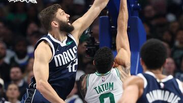 Dallas Mavericks forward Maxi Kleber (42) blocks the shot of Boston Celtics forward Jayson Tatum (0) during the first half at American Airlines Center.