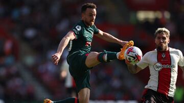 Liverpool's Portuguese striker Diogo Jota controls the ball during the English Premier League football match between Southampton and Liverpool at St Mary's Stadium in Southampton, southern England on May 28, 2023. (Photo by Adrian DENNIS / AFP) / RESTRICTED TO EDITORIAL USE. No use with unauthorized audio, video, data, fixture lists, club/league logos or 'live' services. Online in-match use limited to 120 images. An additional 40 images may be used in extra time. No video emulation. Social media in-match use limited to 120 images. An additional 40 images may be used in extra time. No use in betting publications, games or single club/league/player publications. /