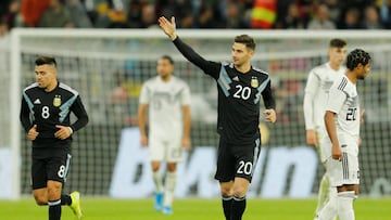 Soccer Football - International Friendly - Germany v Argentina - Signal Iduna Park, Dortmund, Germany - October 9, 2019   Argentina&#039;s Lucas Alario celebrates scoring their first goal     REUTERS/Leon Kuegeler      DFB regulations prohibit any use of photographs as image sequences and/or quasi-video