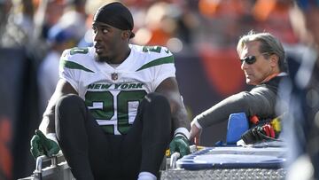 DENVER, COLORADO - OCTOBER 23: Breece Hall #20 of the New York Jets is carted off the field after an apparent injury following a play against the Denver Broncos during the first half at Empower Field At Mile High on October 23, 2022 in Denver, Colorado. Dustin Bradford/Getty Images/AFP