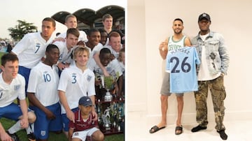 A la izquierda, Boogie (con el '10') y Luke Shaw (el '3'), con Inglaterra sub-16. A la derecha, con Mahrez y una de las mltiples camisetas firmadas que tiene en su estudio.