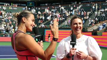 INDIAN WELLS, CALIFORNIA - MARCH 06: Aryna Sabalenka of Belarus shows off her engagement ring during an interview with Joanna Sakowicz Kostecka after a match against Himeno Sakatsume of Japan during Day 3 of the BNP Paribas Open at Indian Wells Tennis Garden on March 06, 2026 in Indian Wells, California. Harry How/Getty Images/AFP (Photo by Harry How / GETTY IMAGES NORTH AMERICA / Getty Images via AFP)