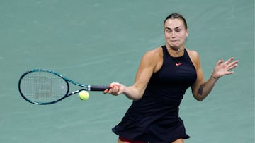 Belarus's Aryna Sabalenka hits a return to China's Zheng Qinwen during their women's quarterfinals match on day nine of the US Open tennis tournament at the USTA Billie Jean King National Tennis Center in New York City, on September 3, 2024. (Photo by KENA BETANCUR / AFP)