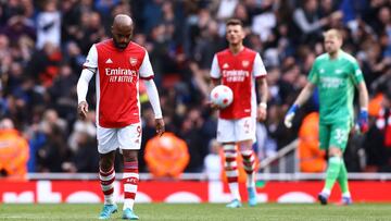 Soccer Football - Premier League - Arsenal v Brighton & Hove Albion - Emirates Stadium, London, Britain - April 9, 2022 Arsenal's Alexandre Lacazette looks dejected after Brighton & Hove Albion's Enock Mwepu scored their second goal REUT