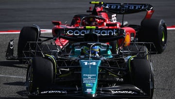 BAHRAIN, BAHRAIN - FEBRUARY 24: Fernando Alonso of Spain driving the (14) Aston Martin AMR23 Mercedes leads Carlos Sainz of Spain driving (55) the Ferrari SF-23 during day two of F1 Testing at Bahrain International Circuit on February 24, 2023 in Bahrain, Bahrain. (Photo by Clive Mason/Getty Images)