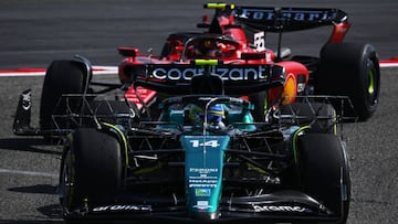 BAHRAIN, BAHRAIN - FEBRUARY 24: Fernando Alonso of Spain driving the (14) Aston Martin AMR23 Mercedes leads Carlos Sainz of Spain driving (55) the Ferrari SF-23  during day two of F1 Testing at Bahrain International Circuit on February 24, 2023 in Bahrain, Bahrain. (Photo by Clive Mason/Getty Images)