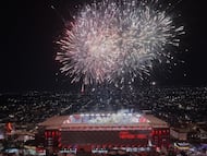 Aerial view Fireworks during the final second leg match between Tigres UANL and Toluca, as part of the Liga BBVA MX, Torneo Apertura 2025 at Nemesio Diez Stadium, on December 14, 2025 in Toluca, Estado de Mexico, Mexico.