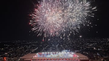 Aerial view Fireworks during the final second leg match between Tigres UANL and Toluca, as part of the Liga BBVA MX, Torneo Apertura 2025 at Nemesio Diez Stadium, on December 14, 2025 in Toluca, Estado de Mexico, Mexico.