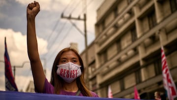 MANILA, PHILIPPINES - MARCH 08:  Filipino activists march on the streets of Manila leading to the Malacanang in the nations capital to mark International Womens Day,  on March 8, 2021 in Manila, Philippines. The protesters expressed their views, denouncin