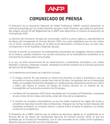 La ANFP define el futuro de Unión Española e Iquique en 2026: decisión final