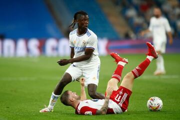 Javier Galan of Celta and Eduardo Camavinga of Real Madrid in action during the spanish league, La Liga Santander, football match played between Real Madrid and Celta de Vigo at Santiago Bernabeu stadium on September 12, 2021, in Madrid, Spain.   12/09/20